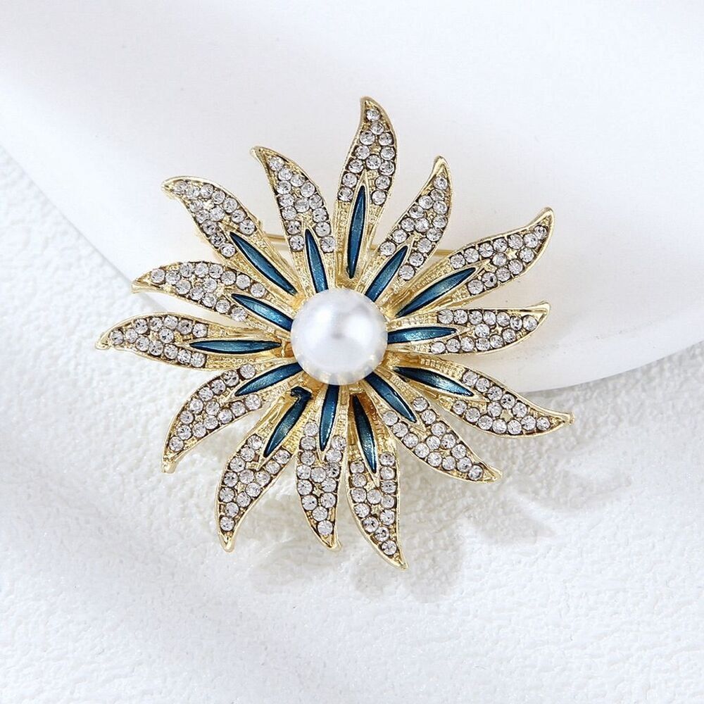 Sunflower Faux Pearl Brooch with Rhinestones Blue Textured Beautiful Statement